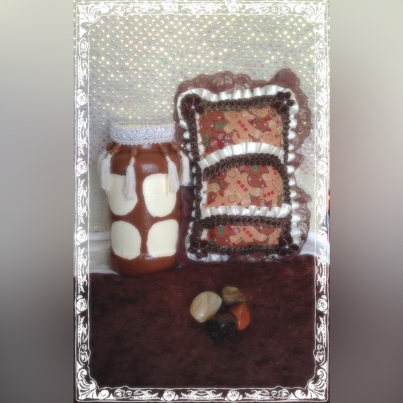Hand Crafted Gingerbread Pillows &Upcycled Glass Jar &Bottle Set Heavenly Warmth - Picture 4 of 11